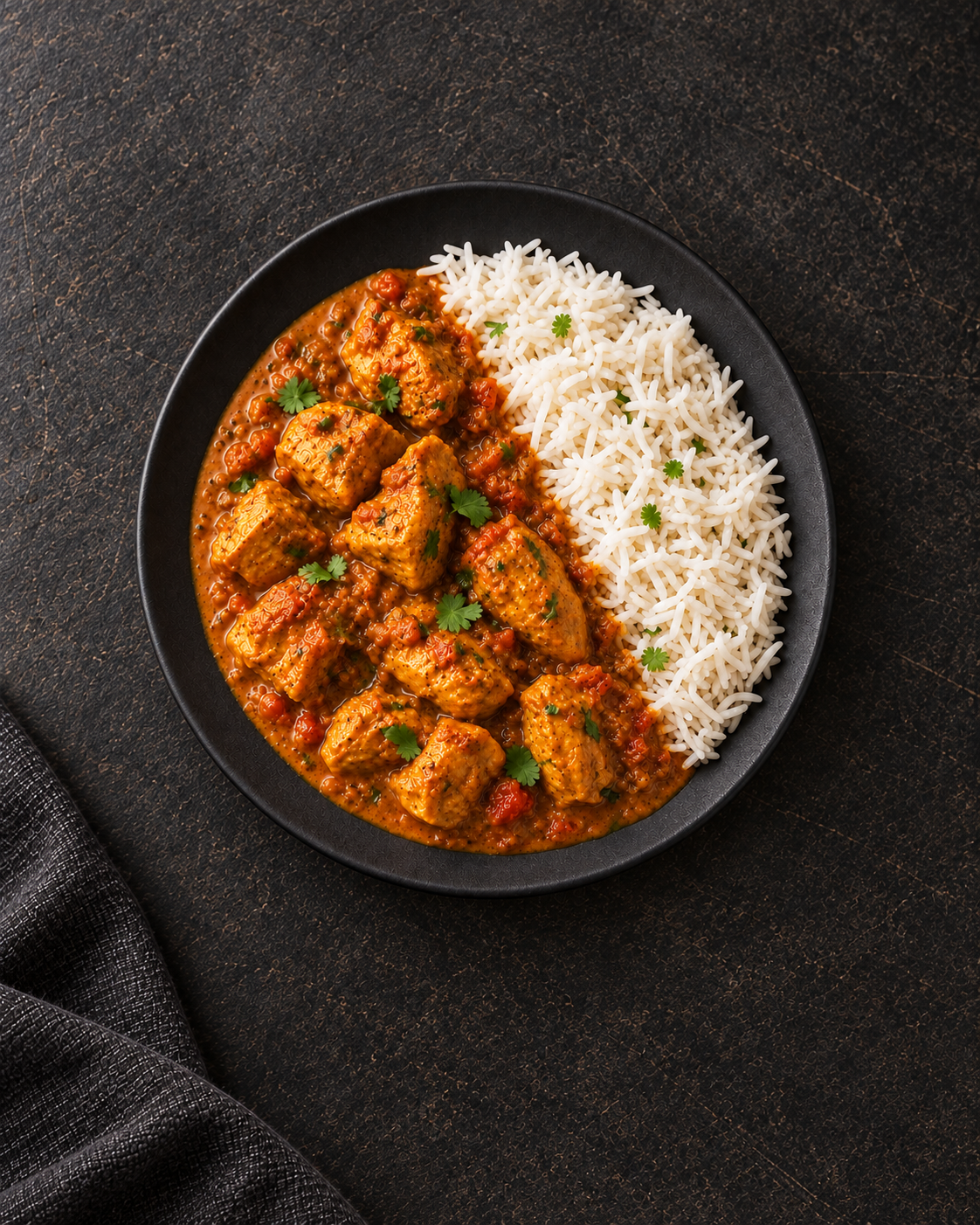 Chicken Curry mit Reis auf einem runden weissen Teller